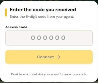Customer code entry form with a six-digit access code field and a Connect button